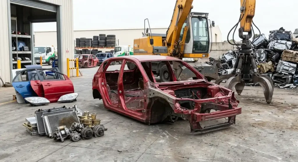 Stripped car shell and recovered parts ready for car parts recycling at an Adelaide wrecking yard