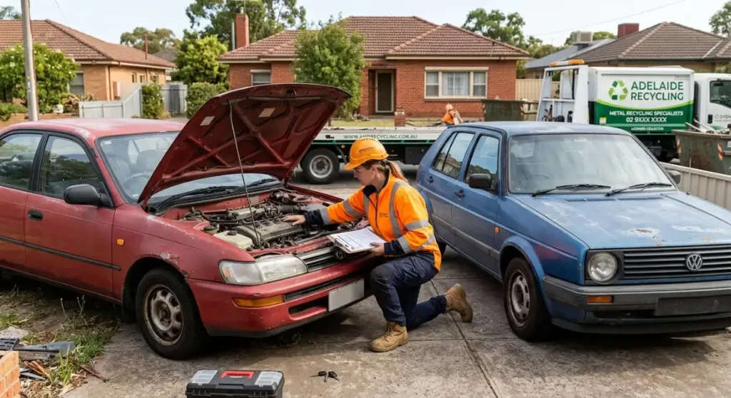 Car removal Adelaide technician inspecting engine to assess scrap car value by make and model
