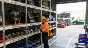 Worker sorting used car parts and recycled car parts on labeled shelves at a car wrecking Adelaide yard