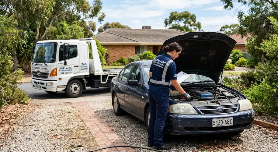 Car wreckers Adelaide technician inspecting a vehicle's engine to calculate its cash value