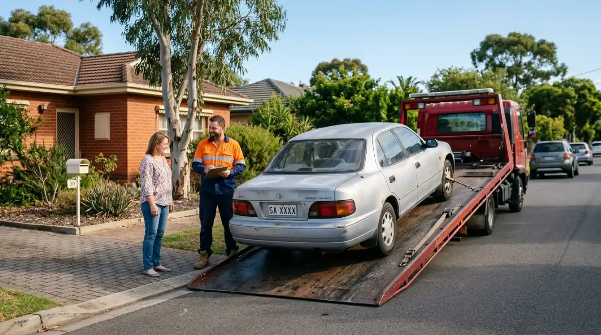 Adelaide car wrecker with a clipboard talking to a customer as an old silver sedan is loaded onto a tow truck