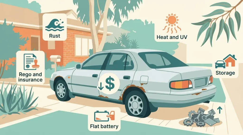 Infographic showing the costs of waiting to sell a scrap car: rust, rego, insurance, heat, flat battery and storage