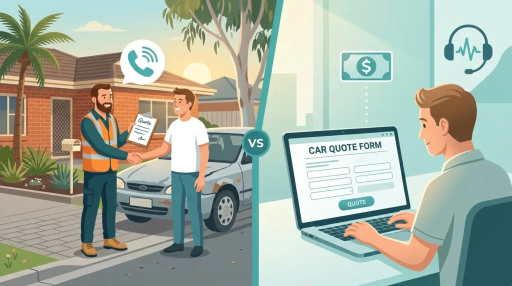 Illustration comparing a local Adelaide car wrecker shaking hands with a customer against a national car buying chain’s online quote form
