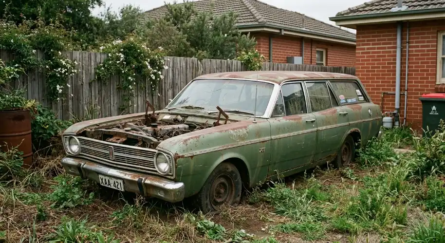 Rusty old Ford wagon sitting in an Adelaide side yard before scrap car valuation