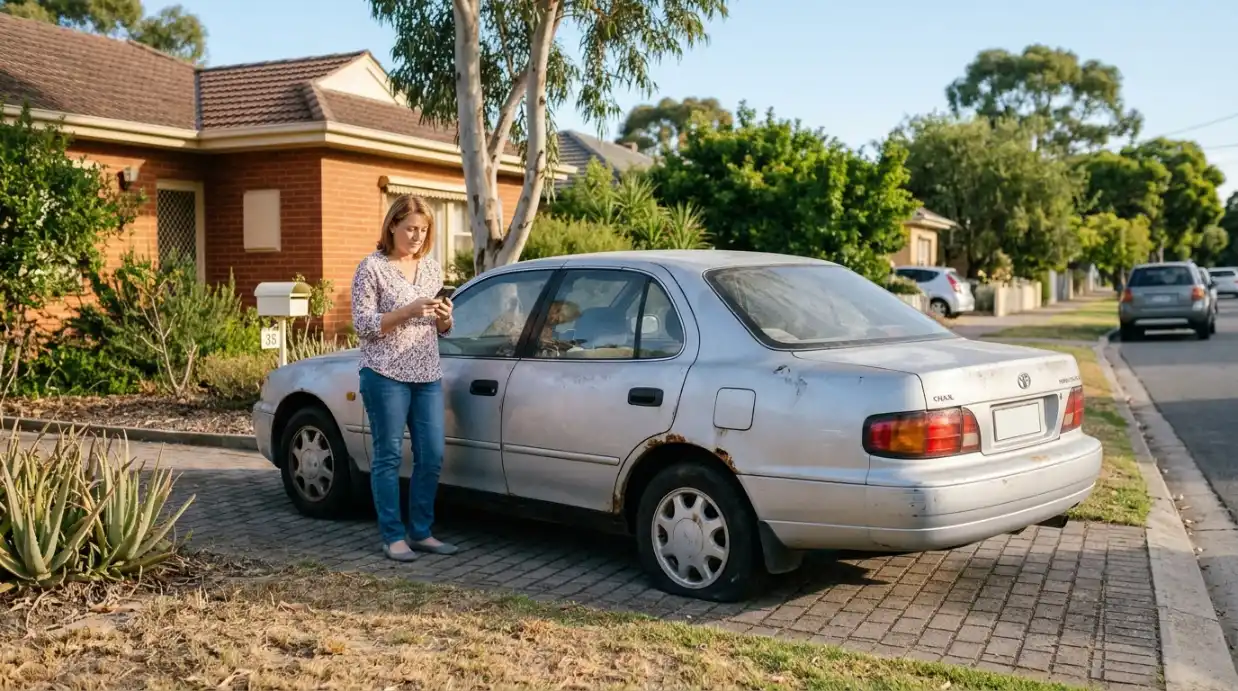 Old sun-faded car parked in an Adelaide driveway while the owner decides whether to sell for scrap